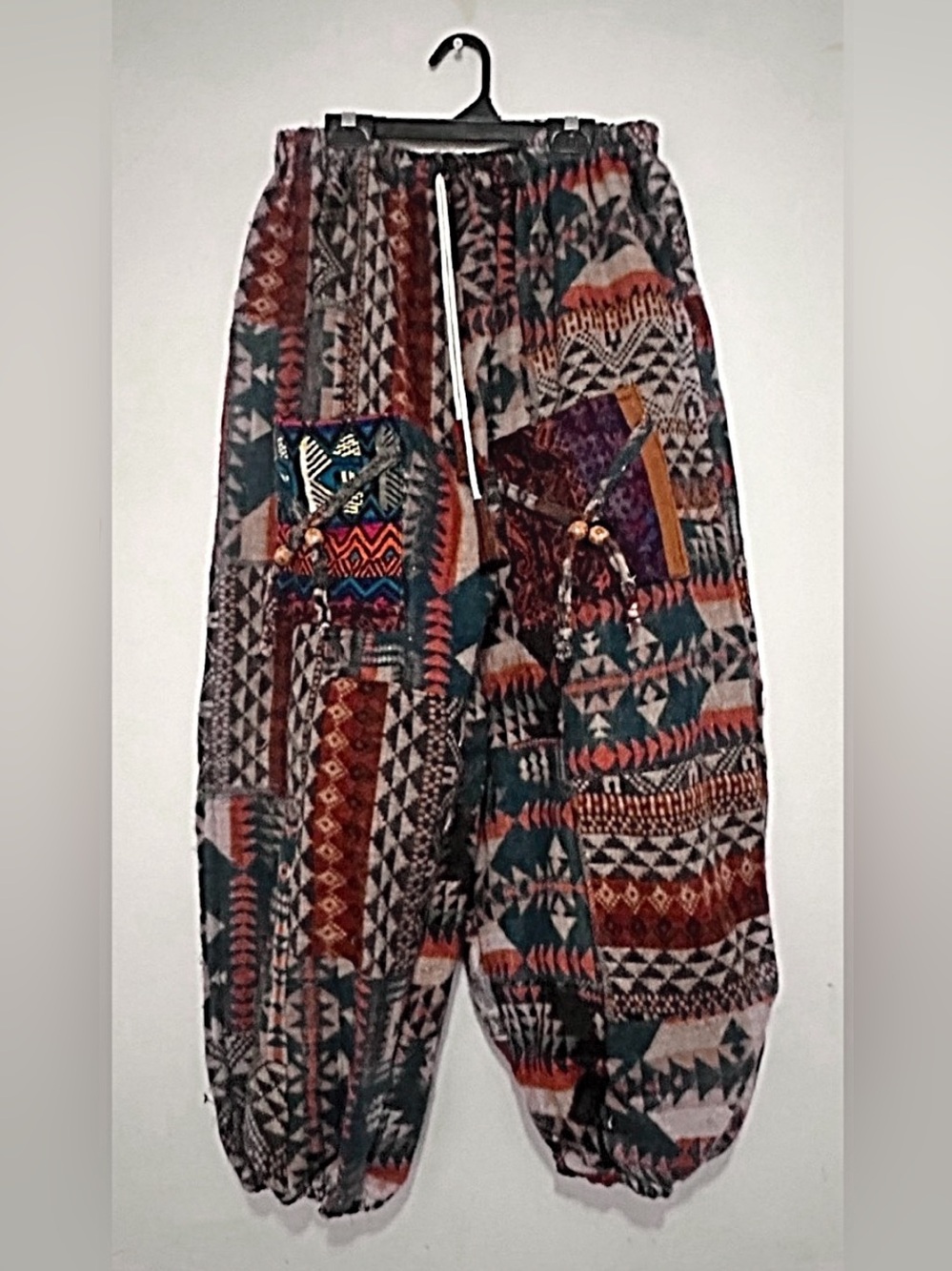 Boho Tribal Print Harem Pants in Teal and Burgundy